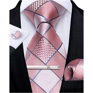 🆕Men Pink Plaid Silk Checkered Necktie Pocket Square Cufflinks Tie Clip Set